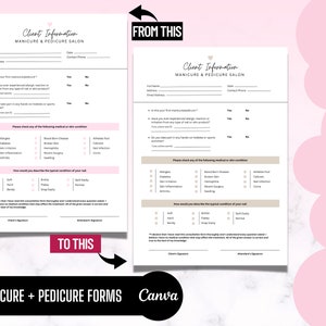 Manicure and Pedicure Documents, Consent Form, Consultation Form, Nail Services, Nail Technician, Editable Templates, Edit in Canva