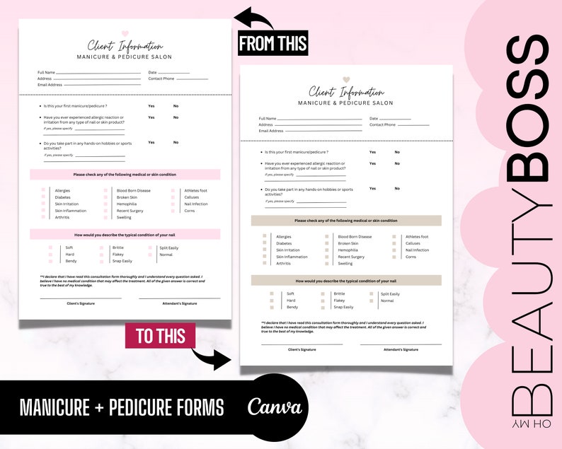 Manicure and Pedicure Documents, Consent Form, Consultation Form, Nail Services, Nail Technician, Editable Templates, Edit in Canva