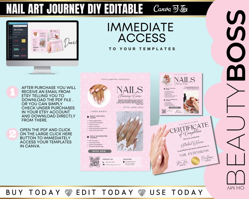 Nails Training Editable Templates, Nail Extensions flyer, Nail Art class, Course flyer, Nails training Certificate, Edit in Canva