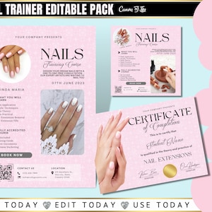 May include: A pink and white flyer advertising a nail extension training course. The flyer features a photo of a hand with white and silver glitter nails, a photo of a hand with pink and white nails, and a photo of a hand with a nail extension kit. The flyer includes the text "NAILS Training Course", "Linda Maria", "What You Will Learn", "Fully Accredited Course", "Book Now", "Contact Us", and "Location".