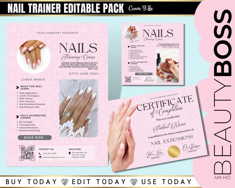 Nails Training Editable Templates, Nail Extensions flyer, Nail Art class, Course flyer, Nails training Certificate, Edit in Canva