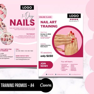 Flyersjablonen nageltraining, nageltechniekles, poster salonadvertenties, zelfklevende nagelontwerp, merkbekendheid, promotie, kaart, bewerken in canva
