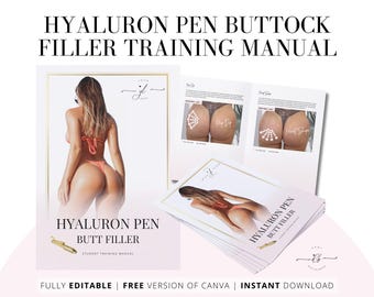 Puede incluir: Un manual de formación rosa y blanco titulado "Hyaluron Pen Buttock Filler Training Manual". El manual presenta a una mujer en bikini rosa y el texto "Hyaluron Pen Butt Filler Student Training Manual".