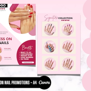 Press On Nail-flyersjablonen, bewerkbare afdrukbare, advertentieposter, zelfklevende nagelontwerp, merkbekendheid, promotie, kaart, bewerken in canva