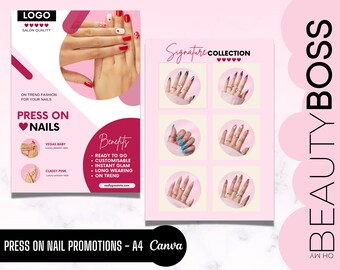 Press On Nail Flyer Vorlagen, bearbeitbar druckbar, Anzeigen Poster, Stick On Nail Design, Markenbekanntheit, Werbung, Karte, in Canva bearbeiten