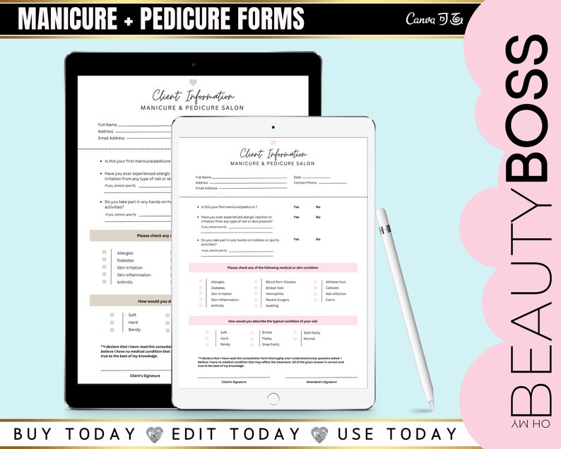 Manicure and Pedicure Documents, Consent Form, Consultation Form, Nail Services, Nail Technician, Editable Templates, Edit in Canva