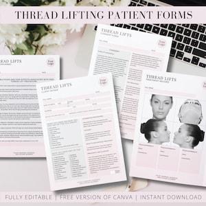 May include: A set of printable forms for thread lifts, including a consent form, client intake form, treatment record, and frequently asked questions. The forms are designed with a pink and white color scheme and feature the text "Thread Lifts" in a bold, black font.