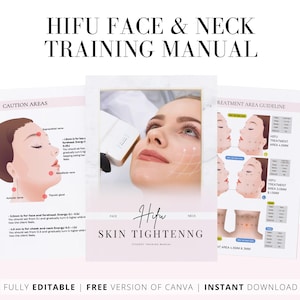 May include: A training manual for HIFU face and neck skin tightening. The manual includes diagrams of the face and neck, caution areas, and treatment area guidelines. The text on the cover reads "HIFU Face & Neck Training Manual" and "Hifu Skin Tightening Student Training Manual".