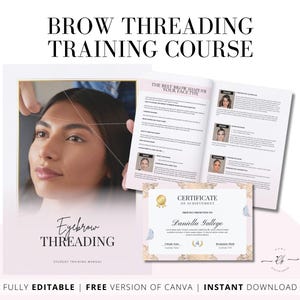 Puede incluir: Una descarga digital para un curso de formación en threading de cejas. La portada presenta a una mujer que se hace threading de cejas y un certificado de logro con el texto "Certificado de logro" y "Daniella Gallego".