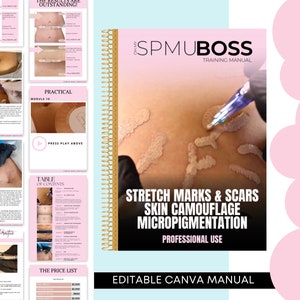 Manuale di mimetizzazione della pelle, Manuale di formazione sulle smagliature, Guida paramedica SPMU, Corso di formazione sulla mimetizzazione della pelle, Studenti, Tutor, Modificabile in Canva