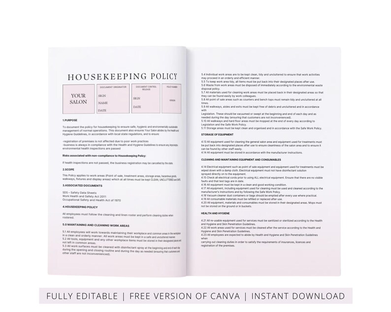 Hair Beauty Salon Staff Policies and Procedures Handbook, Employee Handbook, SOP, Spa Staff Guide, Employment Guide, Editable in Canva