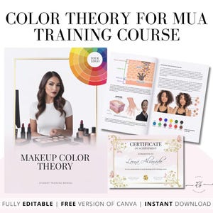 Curso de formación en teoría del color para maquilladores, guía de formación, manual de formación editable, certificado, fundamentos de maquillaje profesional, edición en Canva
