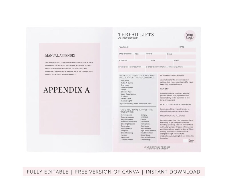 PDO & PLLA Threads Lifts Training Manual, Aesthetics Threads Mapping for Face, Neck, Body, Medical Student Guide, Edit in Canva