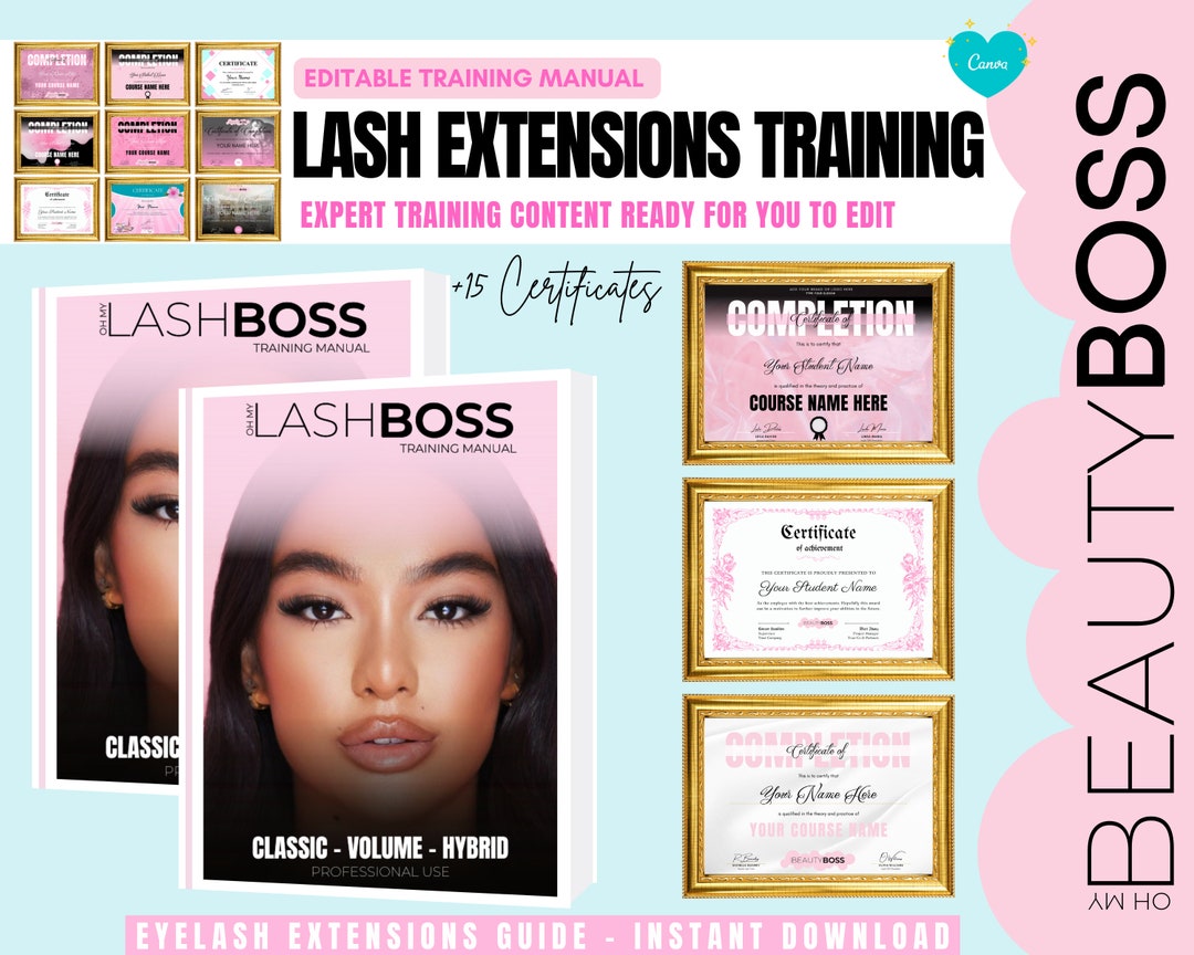 Editable Lash Extensions Training Manual & Certificates (canva Template ...