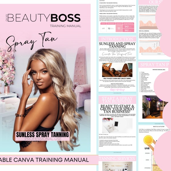 Spray Tan Training Manual, Sunless Tanning, Training & Business Guide, Spray Tan Editable Training Manual, Customizable, Editable in Canva