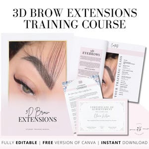 Puede incluir: Un manual de formación rosa y blanco para extensiones de cejas 3D. El manual incluye un certificado de logro, un formulario de consentimiento y una sección sobre cejas 3D. La portada presenta un primer plano de un ojo de mujer con extensiones de cejas 3D.