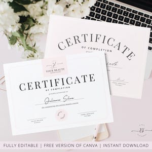 May include: A printable certificate of completion template with a pink and white colour scheme. The text "CERTIFICATE OF COMPLETION" is displayed in a black font. The text "YOUR BEAUTY" is displayed in a pink box. The text "proudly presented to Juliana Silva for completing the online beauty course" is displayed in black font.