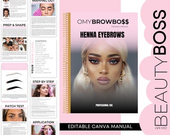 Manual de entrenamiento editable de HENNA Brows, Manual del estudiante de tinte de cejas con henna, Guía de entrenamiento de cejas, Editar en Canva para tu clase de cejas