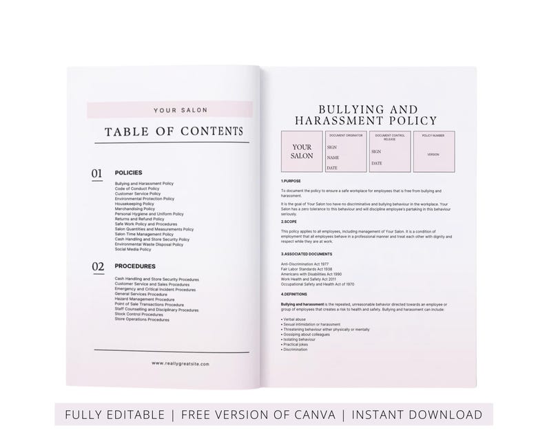 Hair Beauty Salon Staff Policies and Procedures Handbook, Employee Handbook, SOP, Spa Staff Guide, Employment Guide, Editable in Canva