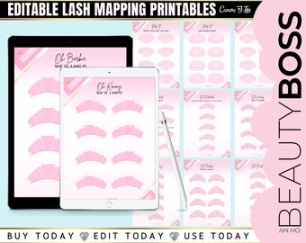 Lash Maps Editable & Printable, Simple Lash Map Practice for Students, Eyelash Extensions Training Resource, x9 Pages, Edit in Canva