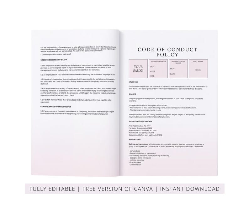 Hair Beauty Salon Staff Policies and Procedures Handbook, Employee Handbook, SOP, Spa Staff Guide, Employment Guide, Editable in Canva