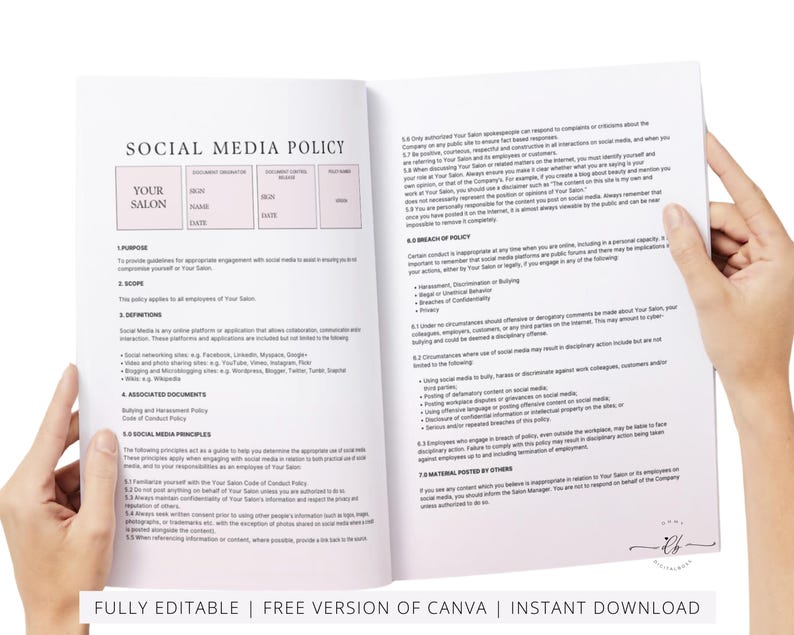 Hair Beauty Salon Staff Policies and Procedures Handbook, Employee Handbook, SOP, Spa Staff Guide, Employment Guide, Editable in Canva
