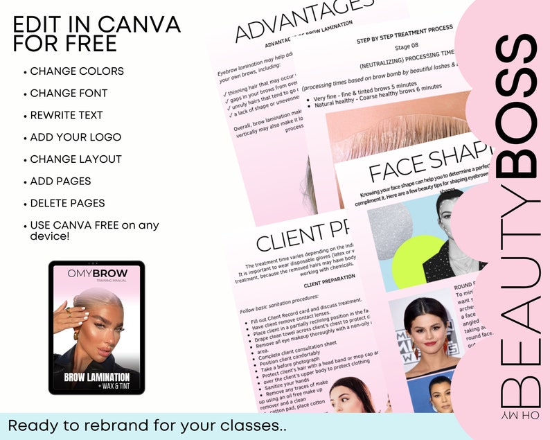 Brow LAMINATION Editable Training Manual, Eyebrow Lamination Student Manual, Eyebrow Wax Training Guide, Edit in Canva for your Brow Class