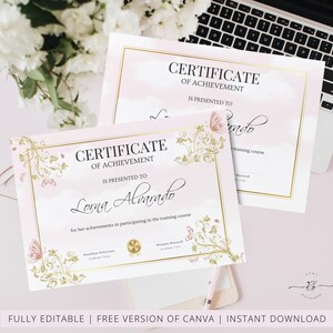 May include: A pink and gold certificate of achievement with a floral design. The text reads "Certificate of Achievement is presented to Lorna Alvarado for her achievements in participating in the training course."