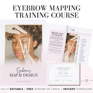Può includere: Un download digitale rosa e bianco per un corso di formazione sul mapping delle sopracciglia. La copertina presenta una donna con le sopracciglia misurate con uno strumento. Il testo sulla copertina recita "Eyebrows Map & Design". Il testo sul certificato recita "Certificate of Achievement".