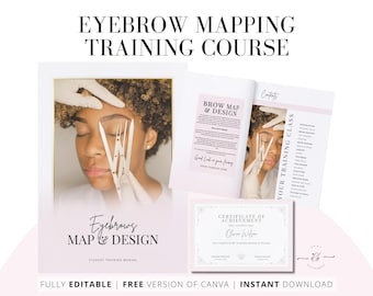 May include: A pink and white digital download for an eyebrow mapping training course. The cover features a woman with her eyebrows being measured with a tool. The text on the cover reads "Eyebrows Map & Design". The text on the certificate reads "Certificate of Achievement".