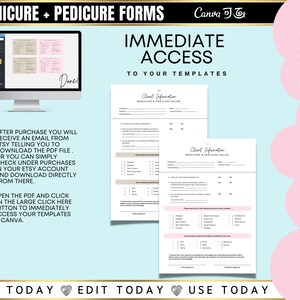 Manicure and Pedicure Documents, Consent Form, Consultation Form, Nail Services, Nail Technician, Editable Templates, Edit in Canva