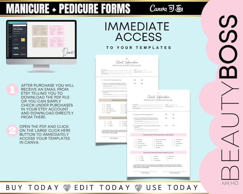 Manicure and Pedicure Documents, Consent Form, Consultation Form, Nail Services, Nail Technician, Editable Templates, Edit in Canva