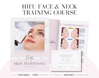 HIFU-Schulungsbuch, hochintensiver fokussierter Ultraschall, Ultraschall-Gesichtsbehandlungen, HIFU-Studentenführer, Gesichts- und Halskonturierung, bearbeitbar in Canva