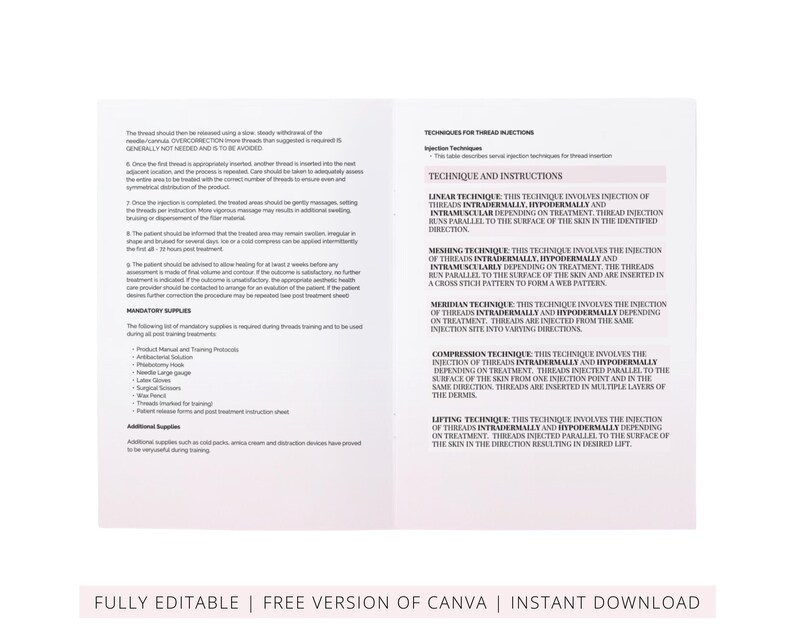 PDO & PLLA Threads Lifts Training Manual, Aesthetics Threads Mapping for Face, Neck, Body, Medical Student Guide, Edit in Canva