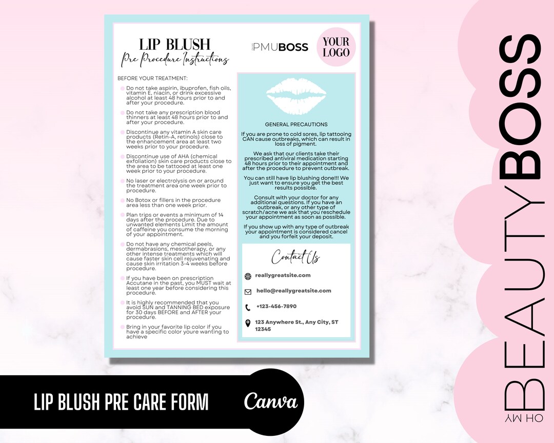 Lip Blush Editable Pre Procedure Care, Lip Blushing, Lip Tattoo Care