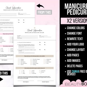 Manicure and Pedicure Documents, Consent Form, Consultation Form, Nail Services, Nail Technician, Editable Templates, Edit in Canva