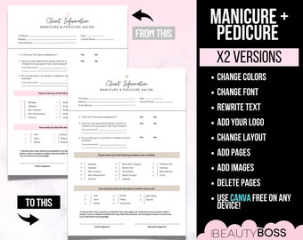 Manicure- en pedicuredocumenten, Toestemmingsformulier, Consultatieformulier, Nagelservices, Nageltechnicus, Bewerkbare sjablonen, Bewerken in Canva