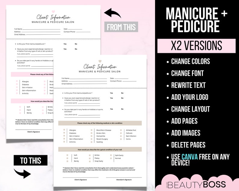 Manicure and Pedicure Documents, Consent Form, Consultation Form, Nail Services, Nail Technician, Editable Templates, Edit in Canva