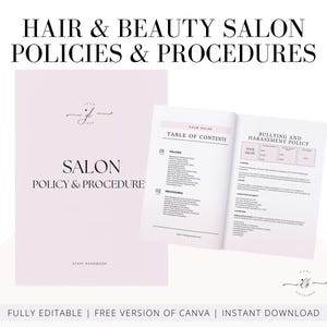 Hair Beauty Salon Staff Policies and Procedures Handbook, Employee Handbook, SOP, Spa Staff Guide, Employment Guide, Editable in Canva