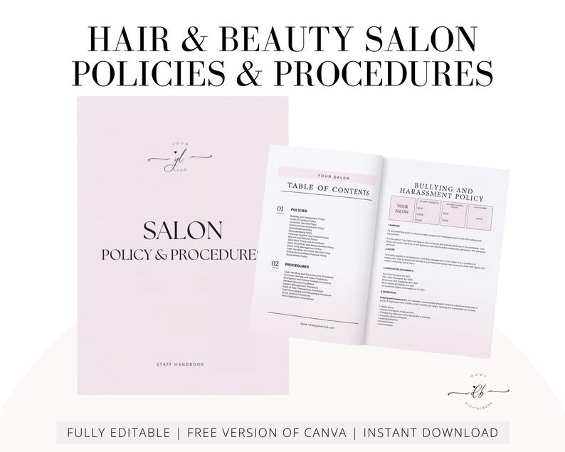 Hair Beauty Salon Staff Policies and Procedures Handbook, Employee Handbook, SOP, Spa Staff Guide, Employment Guide, Editable in Canva