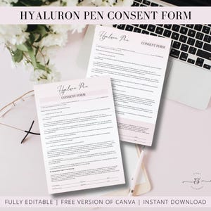 May include: Two printable consent forms for Hyaluron Pen treatments. The forms are on a white background with pink accents. The text on the forms is black. The forms are on a table with a laptop computer and a pair of glasses.