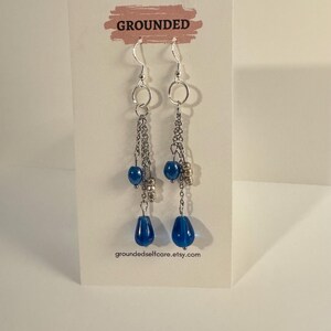 Blue Teardrop Long Silver Wire Dangle Drop Earrings