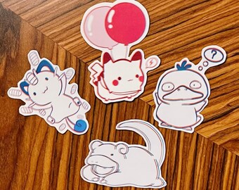 Lot de 4 autocollants anaglyphes Pokémon Glitch | Pikachu | Psyduck | Miaouss | Slowpoke