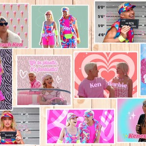Puede incluir: Un collage de imágenes con los personajes Ken y Barbie. Las imágenes muestran varias escenas con los personajes, incluyendo una foto policial, y texto que dice "I'm Beach Ken", "Ken", "Barbie", y "Kenergy". La combinación de colores es predominantemente rosa y azul.