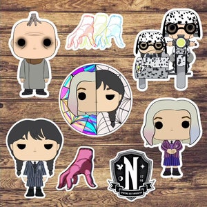 8 New Wednesday Addams Stickers | Enid Sinclair | Uncle Fester | Thing | Nevermore Crest | Vinyl | Funko Pop Themed