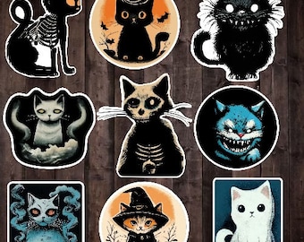 9 autocollants en vinyle de chats effrayants | Chats d'Halloween
