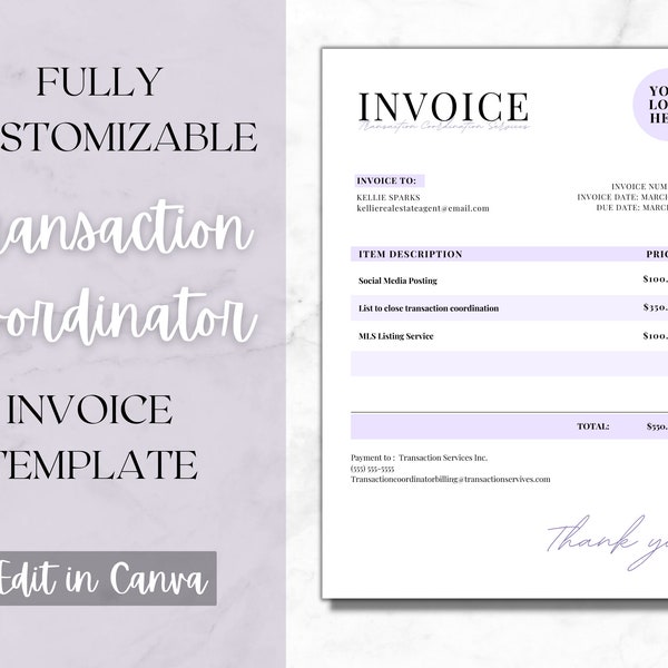 Transaction Coordinator Invoice Template | TC Invoice | Real Estate Transaction Coordinator | Customizable Canva Template | Closing Invoice