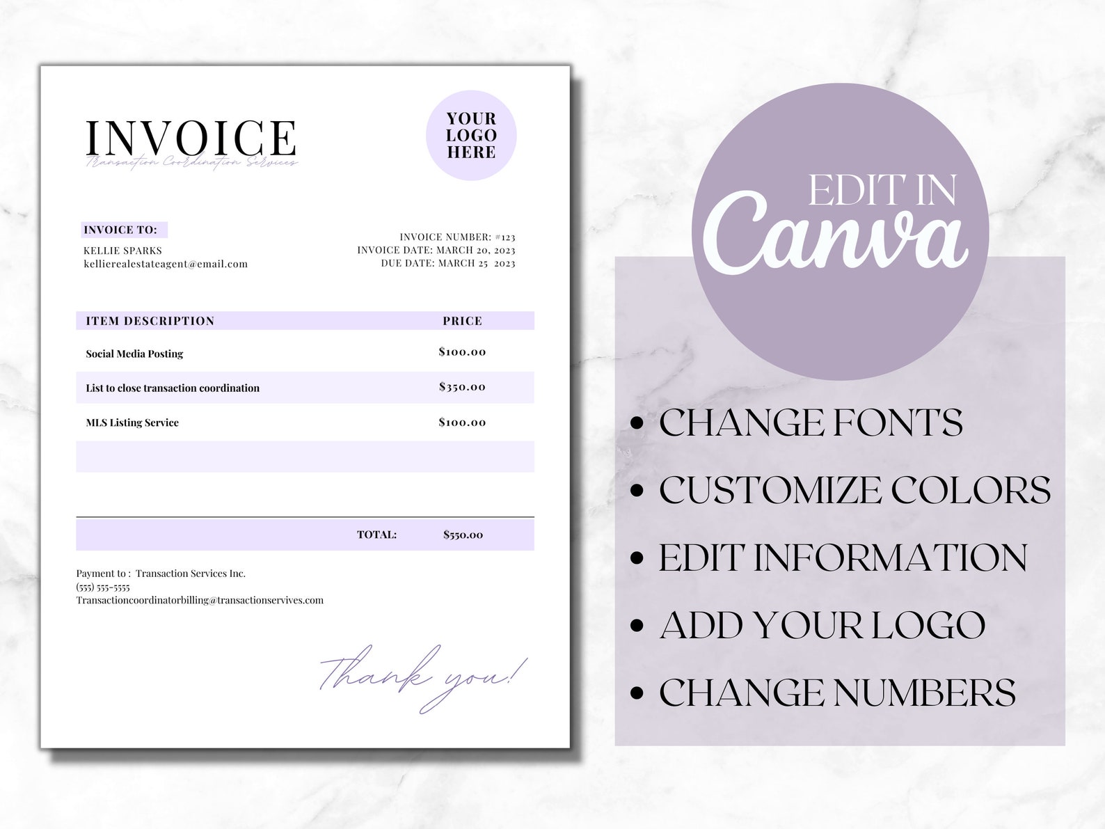 Transaction Coordinator Invoice Template | TC Invoice | Real Estate ...