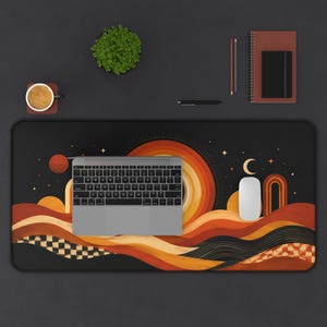 Retro Solar Eclipse Desk Mat Mid Century Modern Mouse Pad, 70s Desert Landscape Desk Pad, Large Gaming Mat, Retro Office Decor