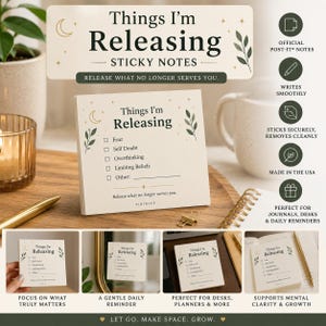 Op de afbeelding: Een crèmekleurig plaknotitieblok met de tekst "Things I'm Releasing" en selectievakjes voor Angst, Zelfvertrouwen, Overdenken en Beperkende Overuigingen. Het blok is versierd met botanische illustraties.